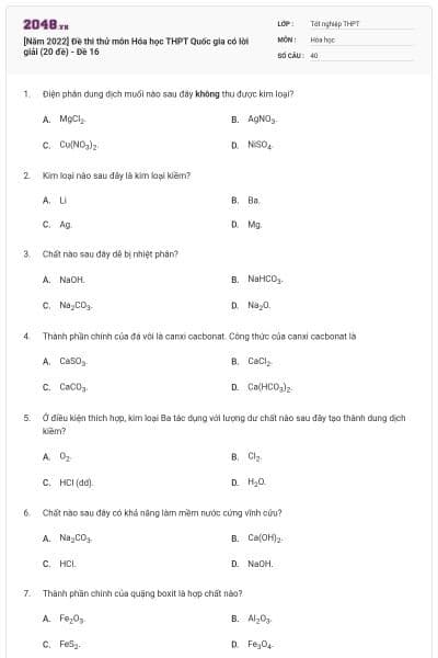 [Năm 2022] Đề thi thử môn Hóa học THPT Quốc gia có lời giải (20 đề) - Đề 16