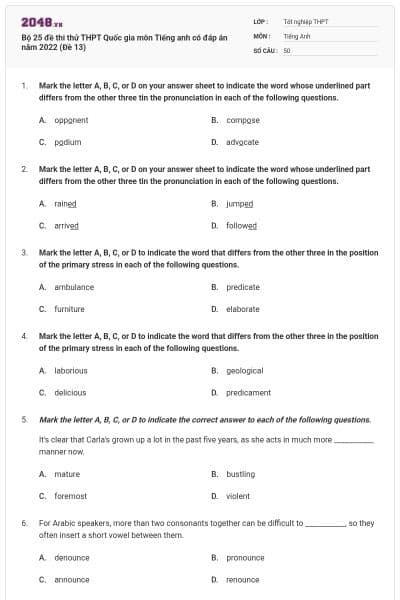 Bộ 25 đề thi thử THPT Quốc gia môn Tiếng anh có đáp án năm 2022 (Đề 13)