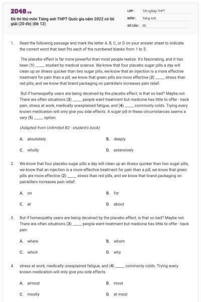 Đề thi thử môn Tiếng anh THPT Quốc gia năm 2022 có lời giải (20 đề) (Đề 12)