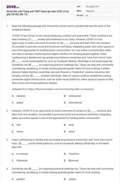 Đề thi thử môn Tiếng anh THPT Quốc gia năm 2022 có lời giải (20 đề) (Đề 13)