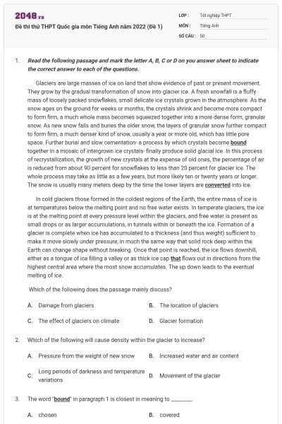 Đề thi thử THPT Quốc gia môn Tiếng Anh năm 2022 (Đề 1)