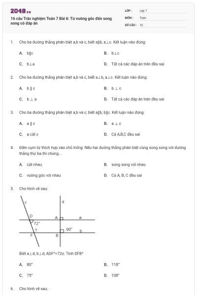 16 câu Trắc nghiệm Toán 7 Bài 6: Từ vuông góc đến song song có đáp án