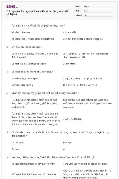 Trắc nghiệm: Tục ngữ về thiên nhiên và lao động sản xuất có đáp án