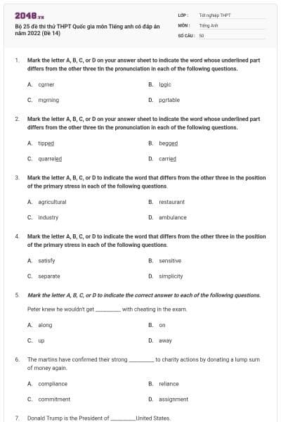 Bộ 25 đề thi thử THPT Quốc gia môn Tiếng anh có đáp án năm 2022 (Đề 14)