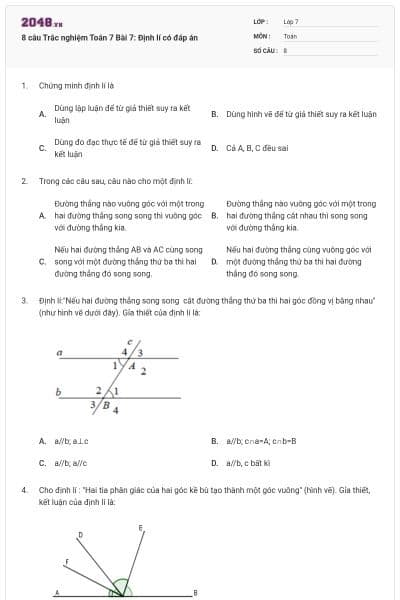 8 câu Trắc nghiệm Toán 7 Bài 7: Định lí có đáp án