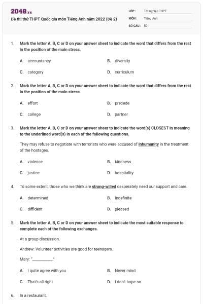 Đề thi thử THPT Quốc gia môn Tiếng Anh năm 2022 (Đề 2)