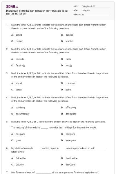 [Năm 2022] Đề thi thử môn Tiếng anh THPT Quốc gia có lời giải (25 đề) (Đề 08)
