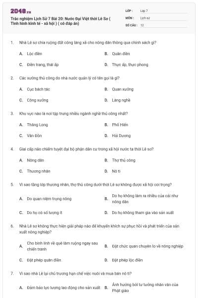 Trắc nghiệm Lịch Sử 7 Bài 20: Nước Đại Việt thời Lê Sơ ( Tình hình kinh tế - xã hội ) ( có đáp án)