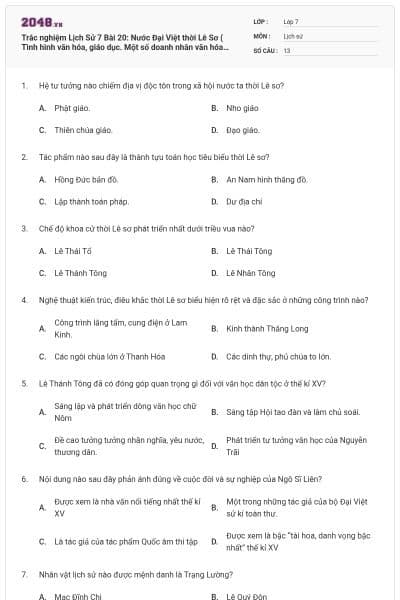 Trắc nghiệm Lịch Sử 7 Bài 20: Nước Đại Việt thời Lê Sơ ( Tình hình văn hóa, giáo dục. Một số doanh nhân văn hóa xuất sắc) ( có đáp án)