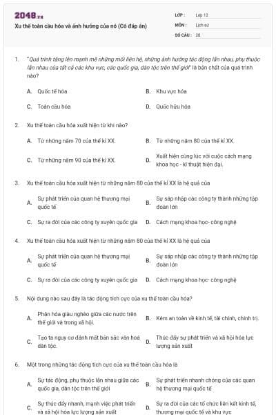 Xu thế toàn cầu hóa và ảnh hưởng của nó (Có đáp án)