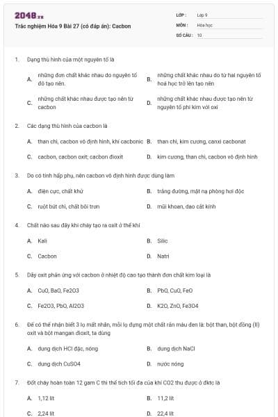 Trắc nghiệm Hóa 9 Bài 27 (có đáp án): Cacbon