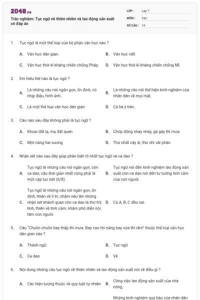 Trắc nghiệm: Tục ngữ về thiên nhiên và lao động sản xuất có đáp án