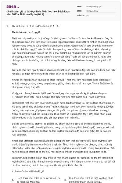 Đề thi Đánh giá tư duy Đọc hiểu, Toán học - ĐH Bách khoa năm 2023 - 2024 có đáp án (Đề 1)