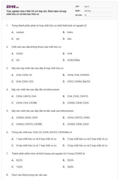 Trắc nghiệm Hóa 9 Bài 34 (có đáp án): Khái niệm về hợp chất hữu cơ và hóa học hữu cơ