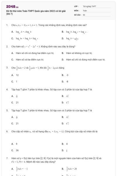 Đề thi thử môn Toán THPT Quốc gia năm 2022 có lời giải (Đề 7)
