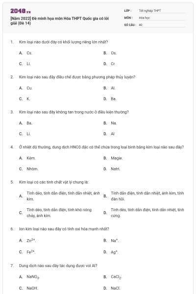 [Năm 2022] Đề minh họa môn Hóa THPT Quốc gia có lời giải (Đề 14)