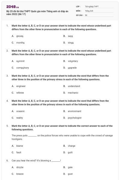 Bộ 25 đề thi thử THPT Quốc gia môn Tiếng anh có đáp án năm 2022 (Đề 17)