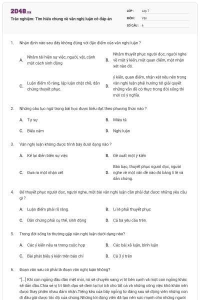 Trắc nghiệm: Tìm hiểu chung về văn nghị luận có đáp án