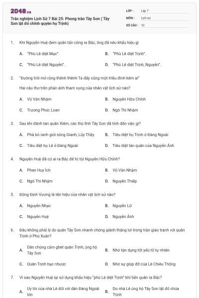 Trắc nghiệm Lịch Sử 7 Bài 25: Phong trào Tây Sơn ( Tây Sơn lật đổ chính quyền họ Trịnh)