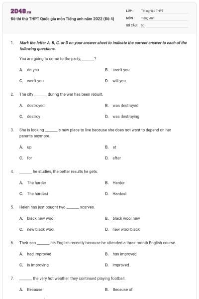 Đề thi thử THPT Quốc gia môn Tiếng anh năm 2022 (Đề 4)