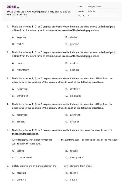Bộ 25 đề thi thử THPT Quốc gia môn Tiếng anh có đáp án năm 2022 (Đề 18)