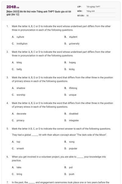 [Năm 2022] Đề thi thử môn Tiếng anh THPT Quốc gia có lời giải (Đề 12)