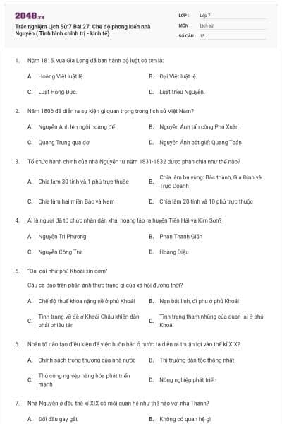 Trắc nghiệm Lịch Sử 7 Bài 27: Chế độ phong kiến nhà Nguyễn ( Tình hình chính trị - kinh tế)