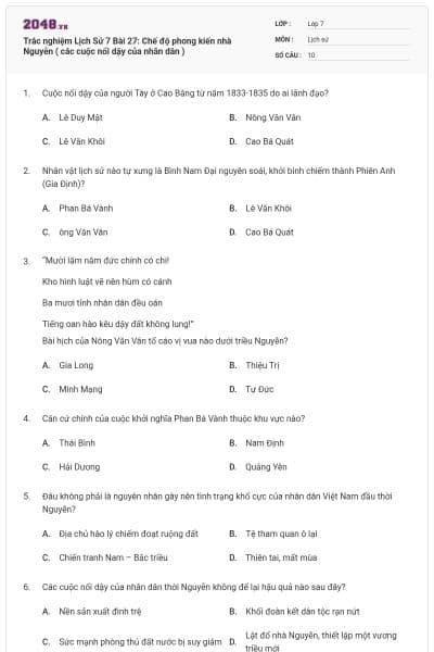 Trắc nghiệm Lịch Sử 7 Bài 27: Chế độ phong kiến nhà Nguyễn ( các cuộc nổi dậy của nhân dân )