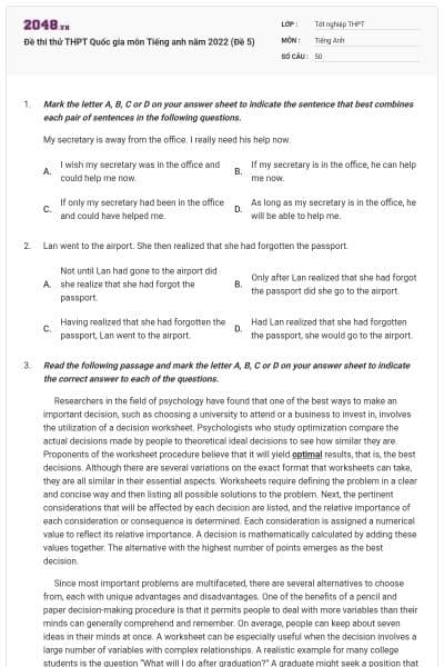 Đề thi thử THPT Quốc gia môn Tiếng anh năm 2022 (Đề 5)