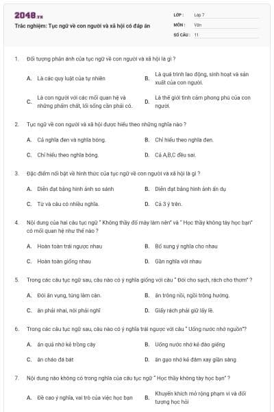 Trắc nghiệm: Tục ngữ về con người và xã hội có đáp án