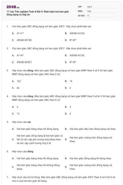 17 câu Trắc nghiệm Toán 8 Bài 4: Khái niệm hai tam giác đồng dạng có đáp án