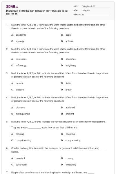 [Năm 2022] Đề thi thử môn Tiếng anh THPT Quốc gia có lời giải (Đề 15)