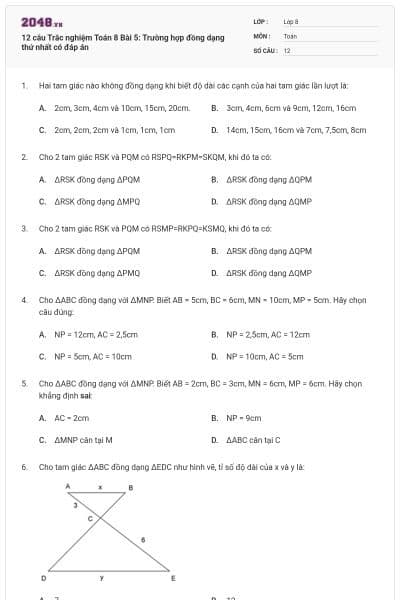 12 câu Trắc nghiệm Toán 8 Bài 5: Trường hợp đồng dạng thứ nhất có đáp án