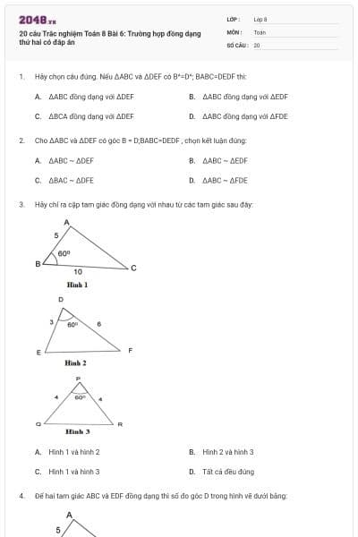 20 câu Trắc nghiệm Toán 8 Bài 6: Trường hợp đồng dạng thứ hai có đáp án