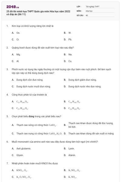 25 đề thi minh họa THPT Quốc gia môn Hóa học năm 2022 có đáp án (Đề 11)
