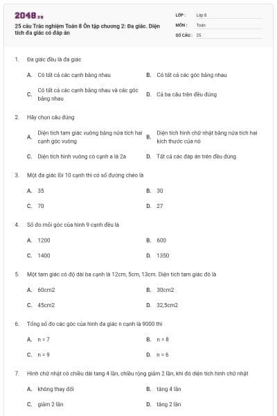 25 câu Trắc nghiệm Toán 8 Ôn tập chương 2: Đa giác. Diện tích đa giác có đáp án
