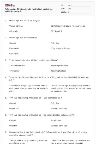 Trắc nghiệm: Đề văn nghị luận và việc lập ý cho bài văn nghị luận có đáp án