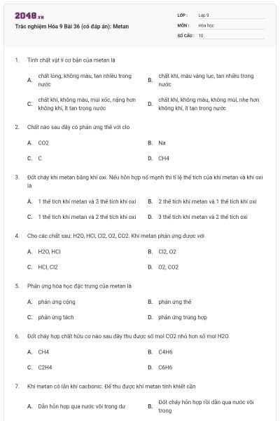Trắc nghiệm Hóa 9 Bài 36 (có đáp án): Metan