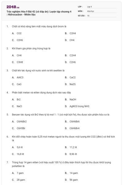 Trắc nghiệm Hóa 9 Bài 42 (có đáp án): Luyện tập chương 4 : Hiđrocacbon - Nhiên liệu