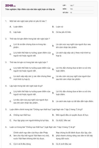 Trắc nghiệm: Đặc điểm của văn bản nghị luận có đáp án