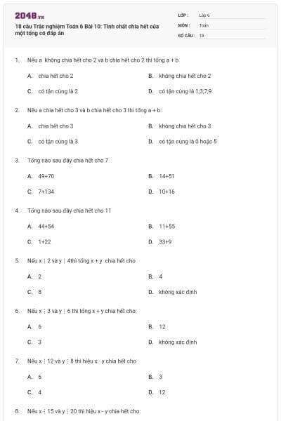 18 câu Trắc nghiệm Toán 6 Bài 10: Tính chất chia hết của một tổng có đáp án