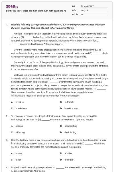 Đề thi thử THPT Quốc gia môn Tiếng Anh năm 2022 (Đề 7)