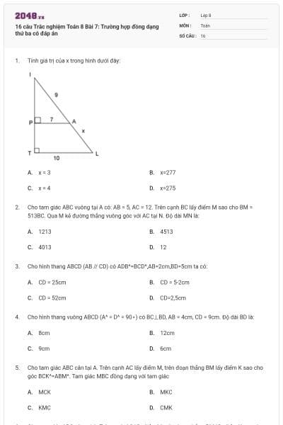 16 câu Trắc nghiệm Toán 8 Bài 7: Trường hợp đồng dạng thứ ba có đáp án