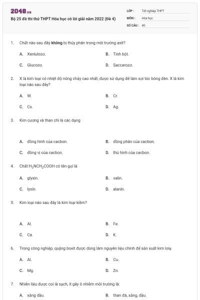 Bộ 25 đề thi thử THPT Hóa học có lời giải năm 2022 (Đề 4)