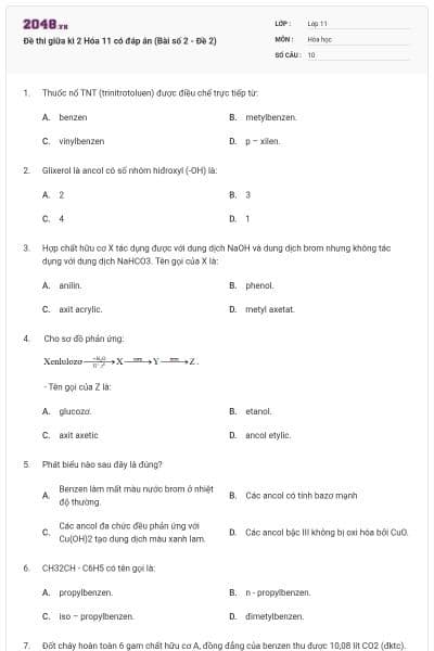 Đề thi giữa kì 2 Hóa 11 có đáp án (Bài số 2 - Đề 2)