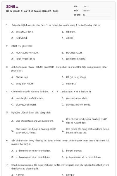 Đề thi giữa kì 2 Hóa 11 có đáp án (Bài số 2 - Đề 3)