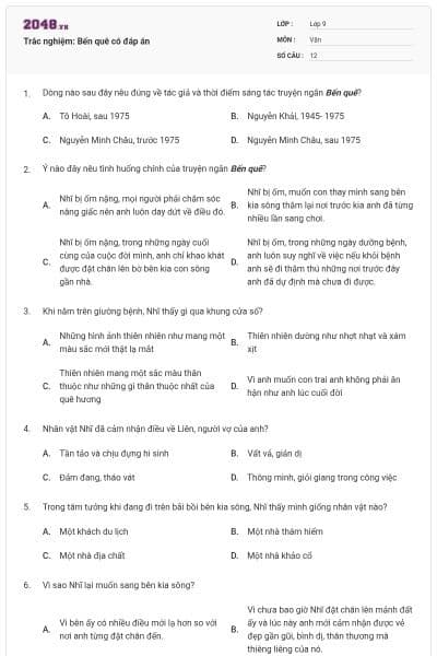 Trắc nghiệm: Bến quê có đáp án