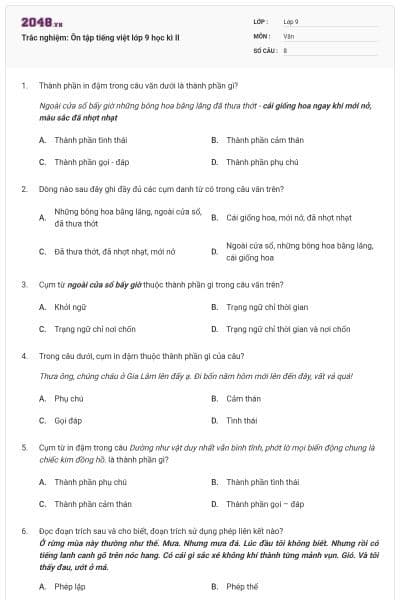 Trắc nghiệm: Ôn tập tiếng việt lớp 9 học kì II