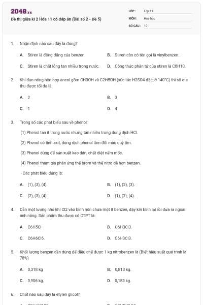 Đề thi giữa kì 2 Hóa 11 có đáp án (Bài số 2 - Đề 5)