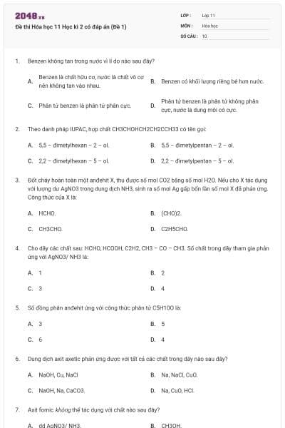 Đề thi Hóa học 11 Học kì 2 có đáp án (Đề 1)